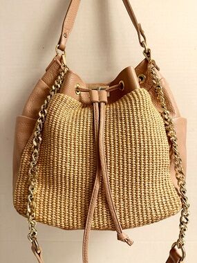 Unica Firenze 🇮🇹 Handmade Leather & Straw Bucket Bag | Chain Strap | Mauve Blush